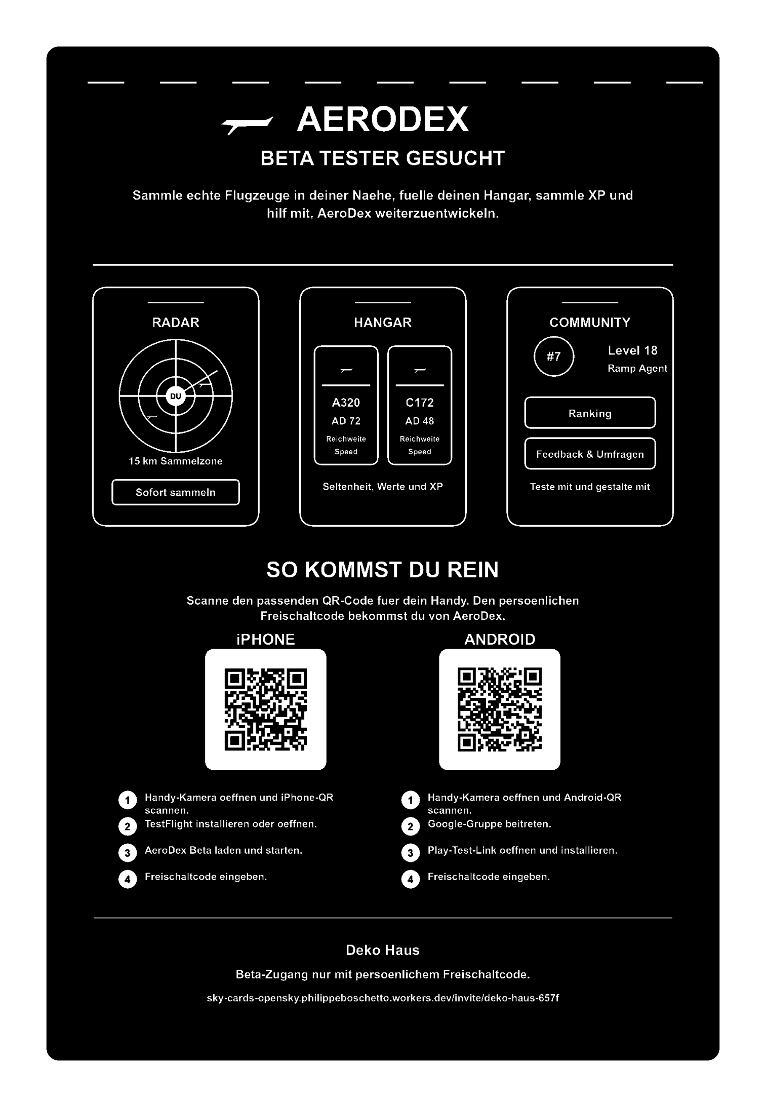 AeroDex Beta Flyer mit QR-Codes für iPhone und Android