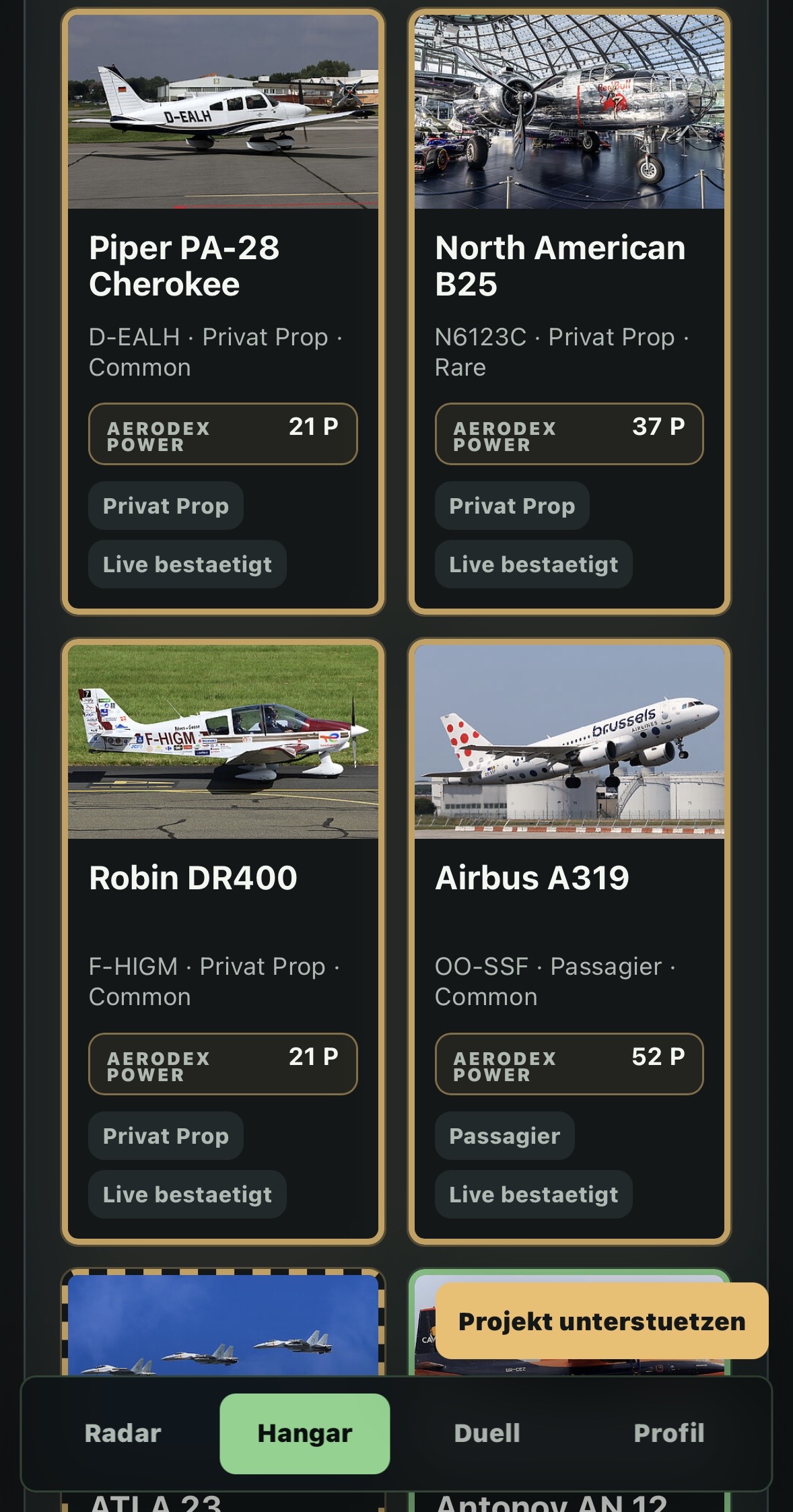 Gesammelte Flugzeuge als AeroDex-Karten
